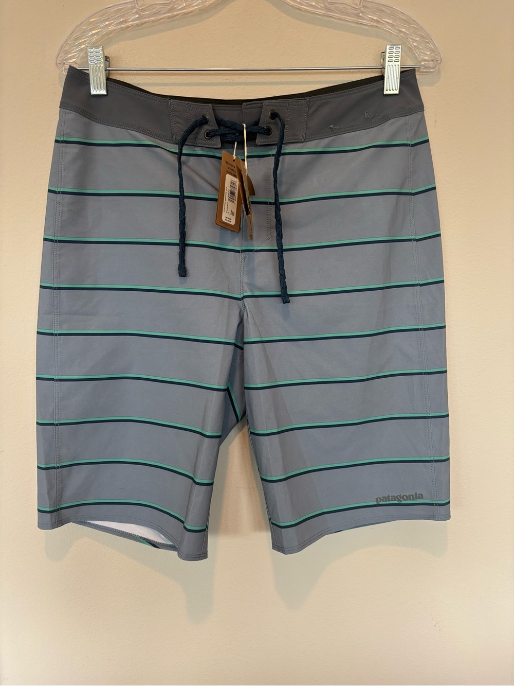 NWT Patagonia Men's Gray Swim Board Shorts with Teal & Navy Stripes